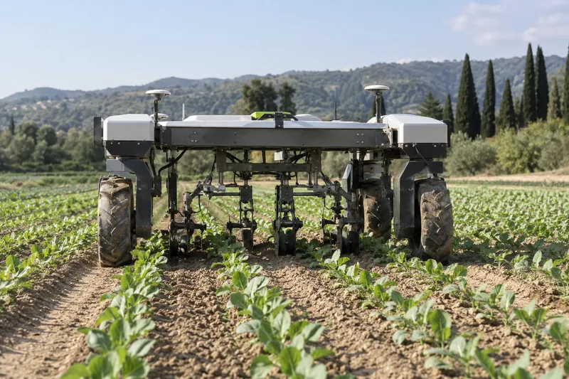 Robot agrícola trabajando entre líneas de cultivo; aplicación conceptual