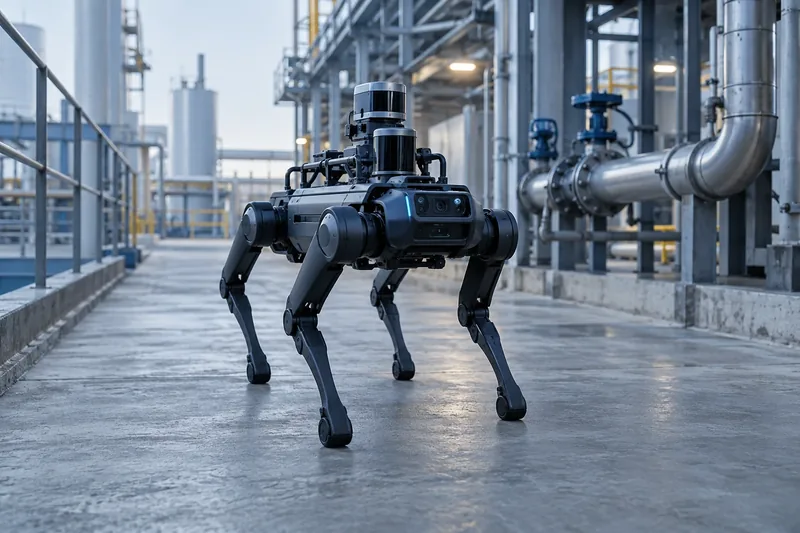 Escena conceptual de un robot de inspección en una planta industrial