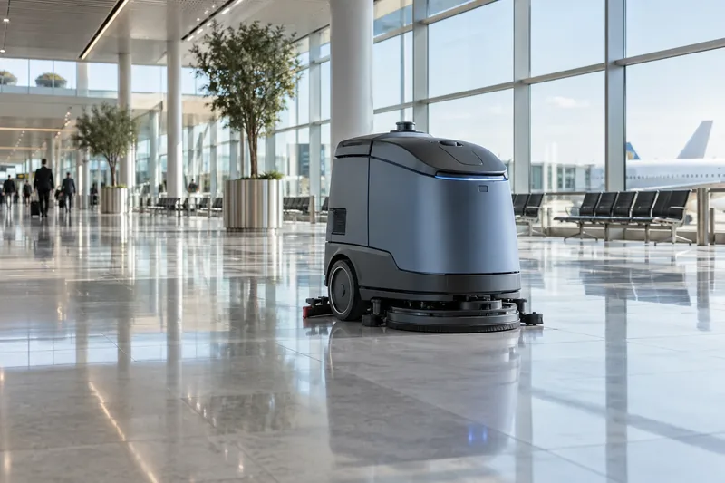 Ilustración conceptual de un robot autónomo de fregado en un aeropuerto
