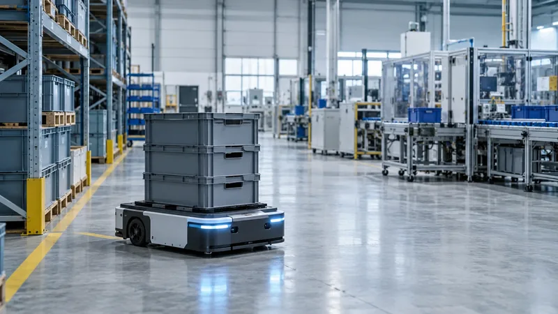 Robot móvil conceptual transportando materiales en un almacén