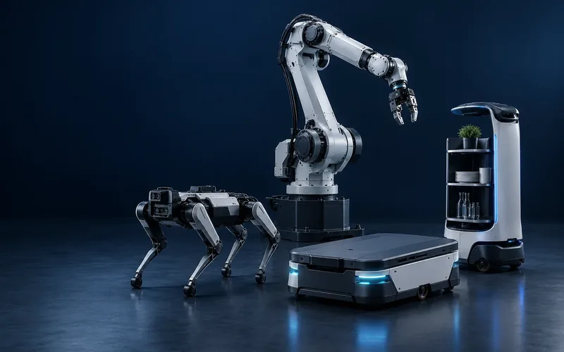 Composición conceptual de un brazo industrial, una plataforma logística, un robot de servicio y un robot de inspección